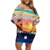 Hawaii Beach Landscape Time-Lapse Off Shoulder Short Dress Tropical Plumeria Flowers - Polynesian Pride