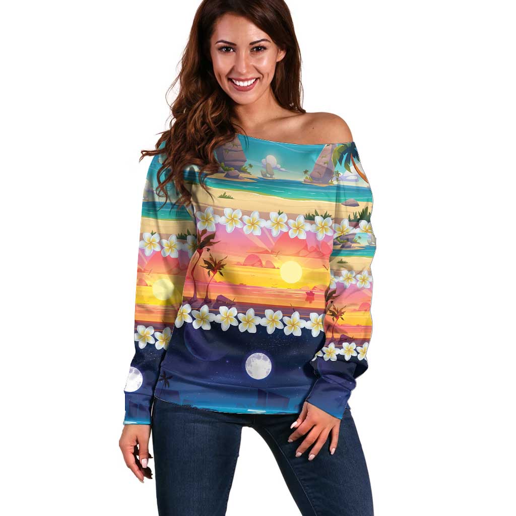 Hawaii Beach Landscape Time-Lapse Off Shoulder Sweater Tropical Plumeria Flowers - Polynesian Pride