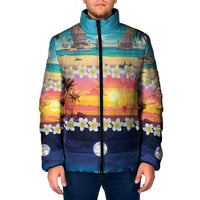 Hawaii Beach Landscape Time-Lapse Padded Jacket Tropical Plumeria Flowers - Polynesian Pride