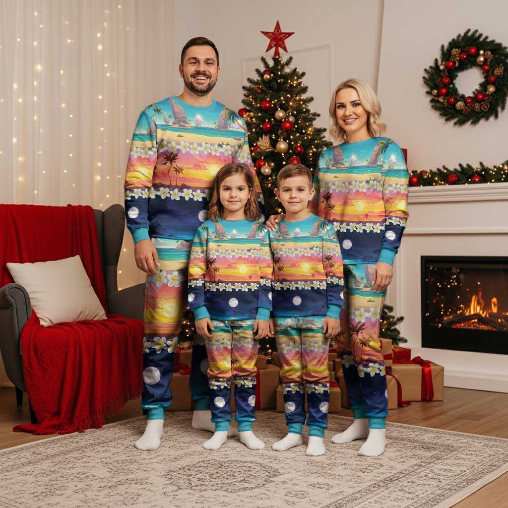 Hawaii Beach Landscape Time-Lapse Christmas Pajama Set Tropical Plumeria Flowers - Polynesian Pride