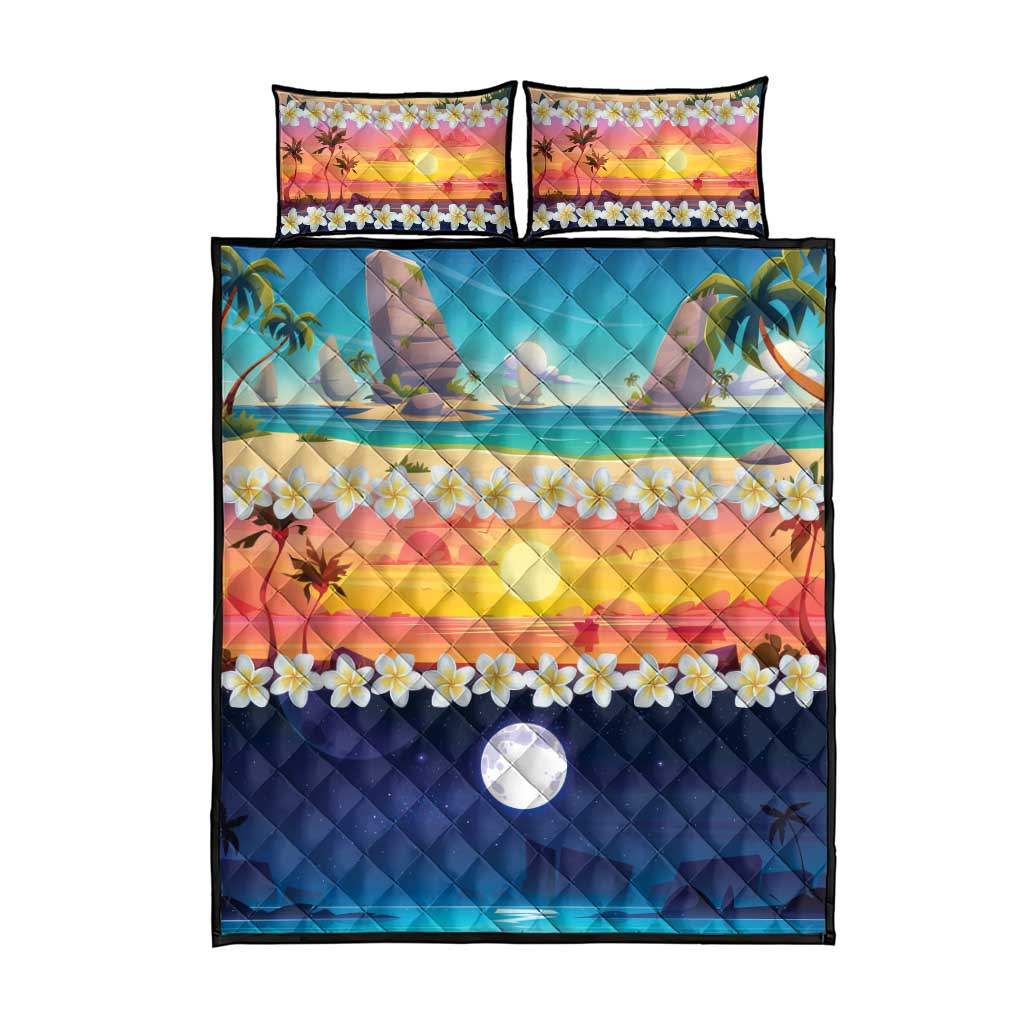 Hawaii Beach Landscape Time-Lapse Quilt Bed Set Tropical Plumeria Flowers - Polynesian Pride