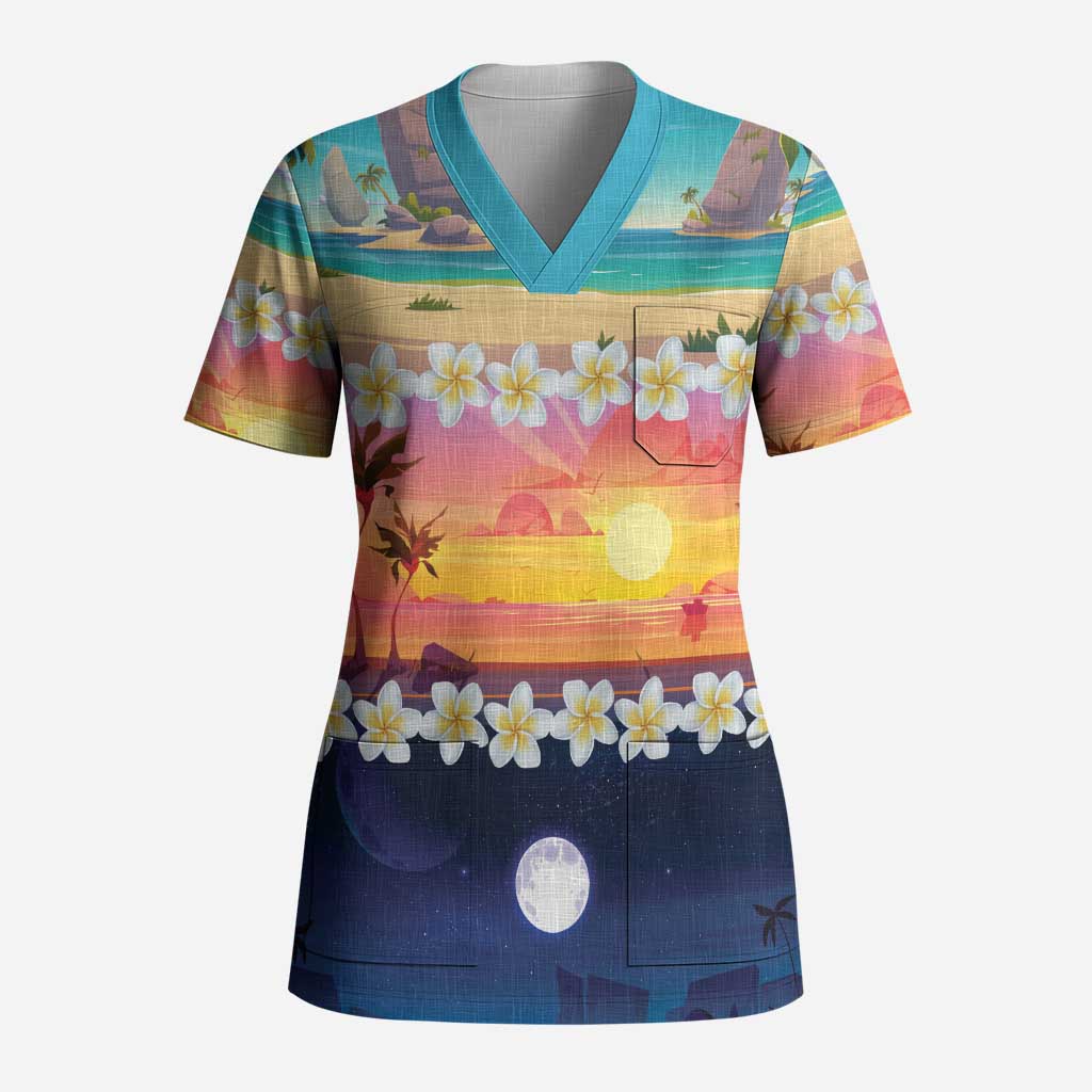 Hawaii Beach Landscape Time-Lapse Scrub Top Tropical Plumeria Flowers - Polynesian Pride