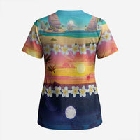 Hawaii Beach Landscape Time-Lapse Scrub Top Tropical Plumeria Flowers - Polynesian Pride