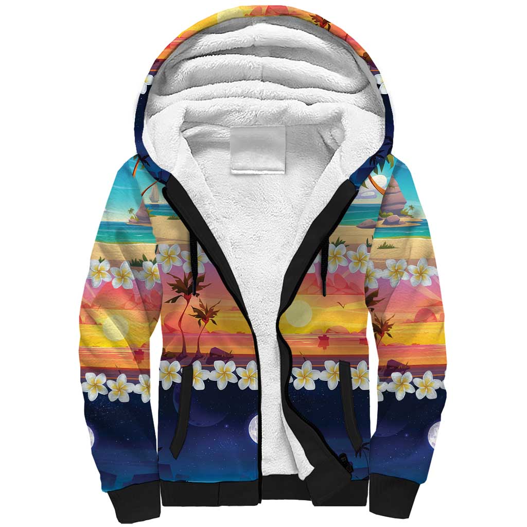 Hawaii Beach Landscape Time-Lapse Sherpa Hoodie Tropical Plumeria Flowers - Polynesian Pride