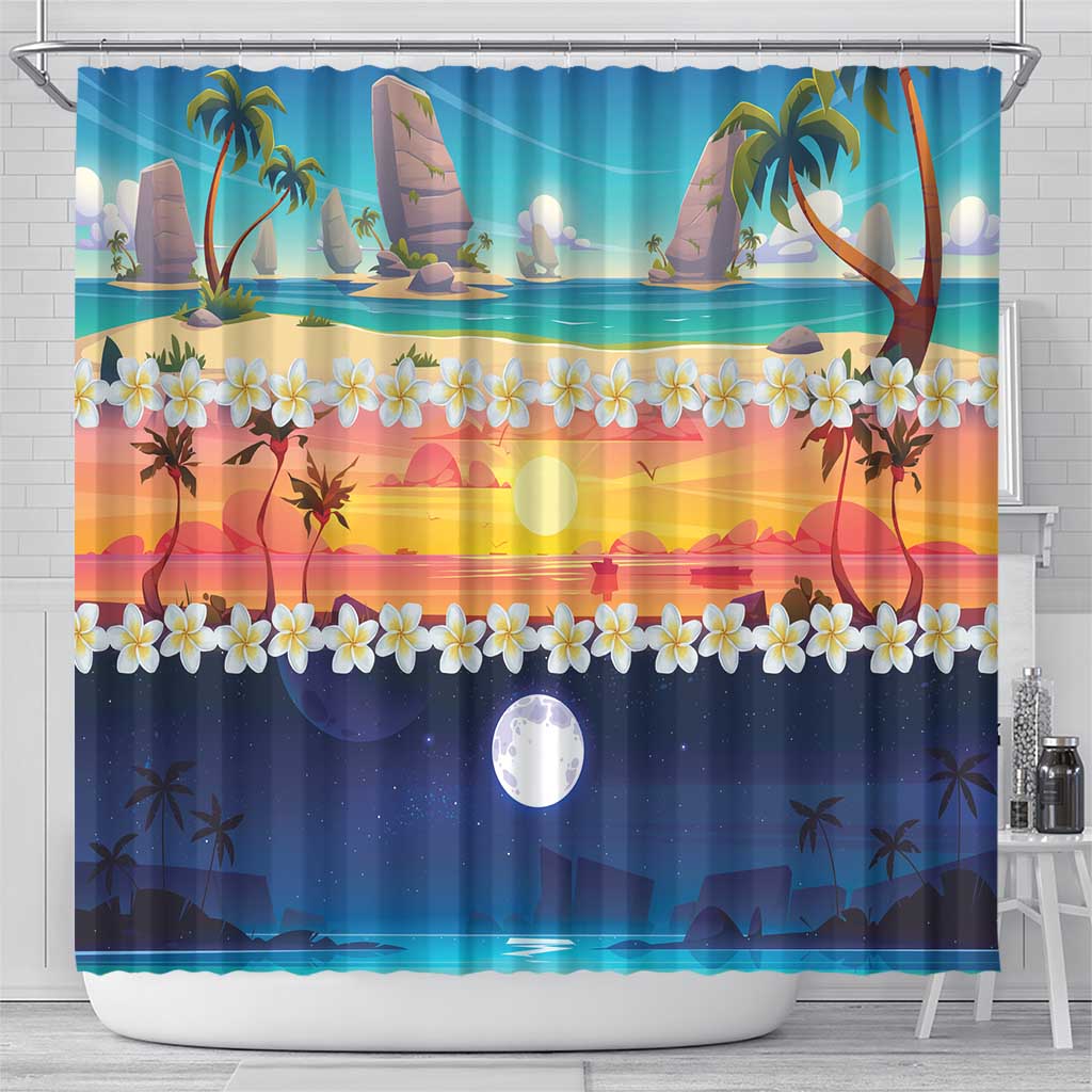 Hawaii Beach Landscape Time-Lapse Shower Curtain Tropical Plumeria Flowers - Polynesian Pride