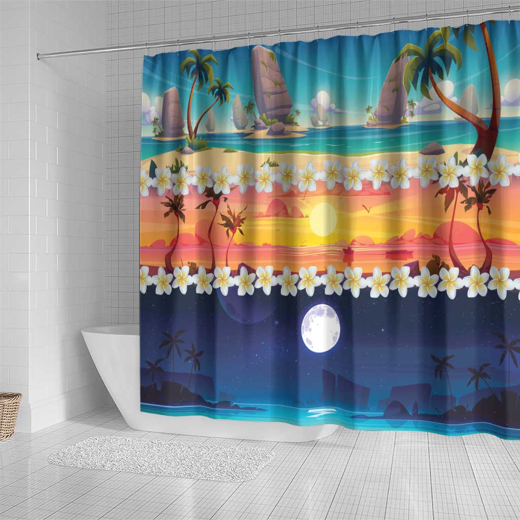 Hawaii Beach Landscape Time-Lapse Shower Curtain Tropical Plumeria Flowers - Polynesian Pride