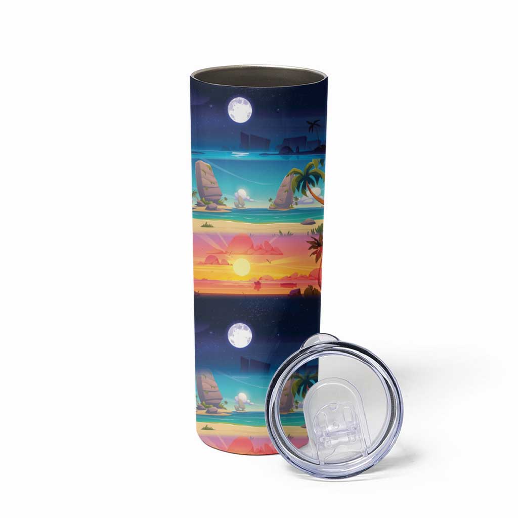 Hawaii Beach Landscape Time-Lapse Skinny Tumbler Tropical Plumeria Flowers - Polynesian Pride