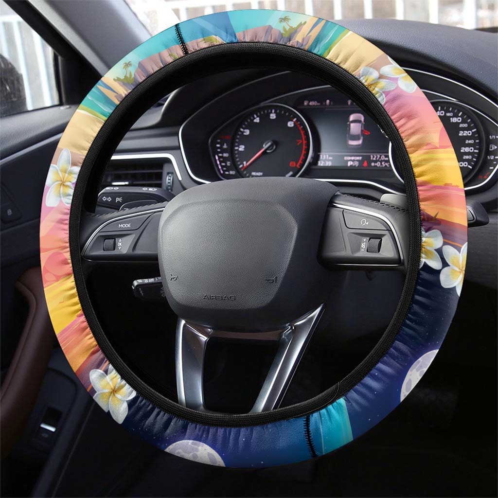 Hawaii Beach Landscape Time-Lapse Steering Wheel Cover Tropical Plumeria Flowers - Polynesian Pride