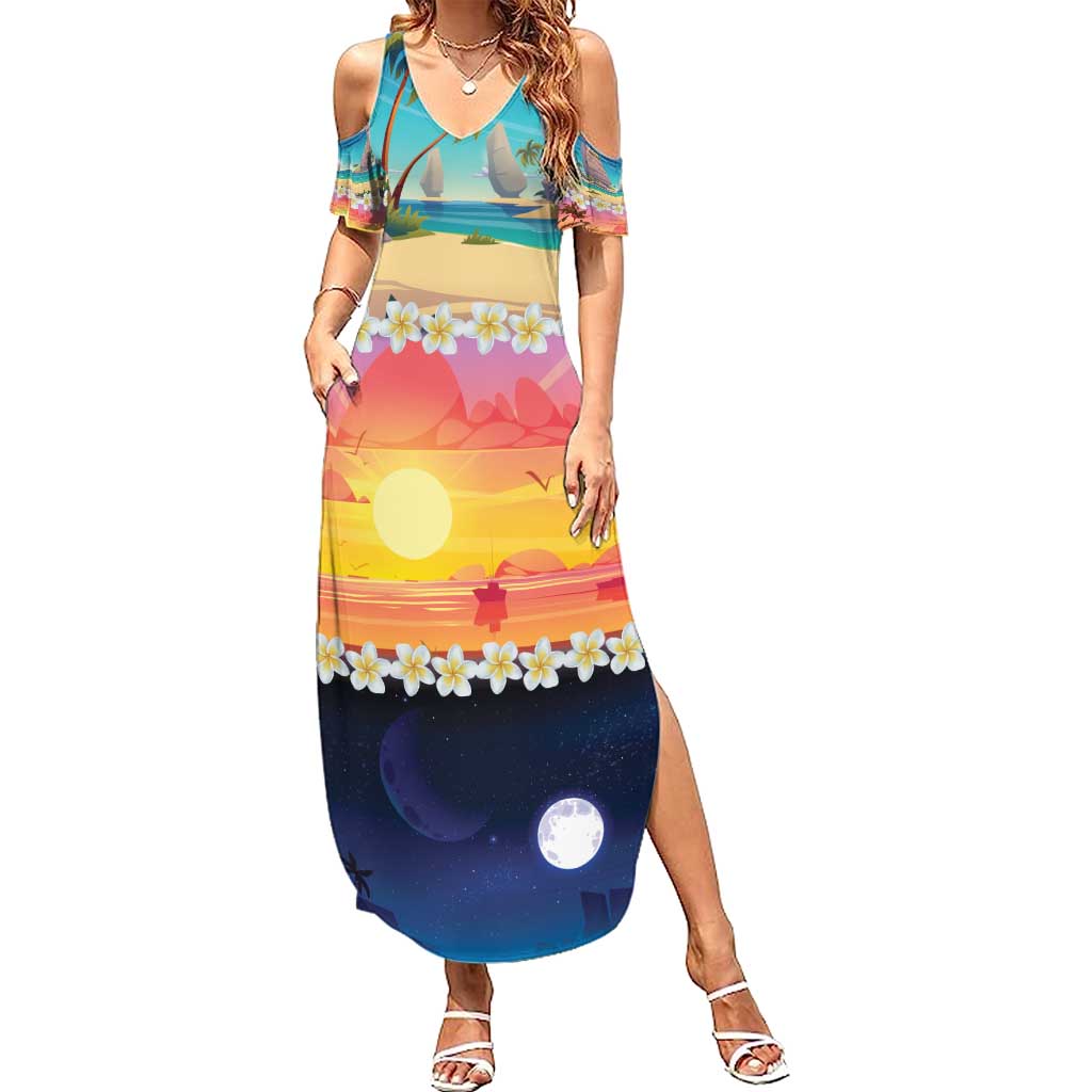 Hawaii Beach Landscape Time-Lapse Summer Maxi Dress Tropical Plumeria Flowers - Polynesian Pride
