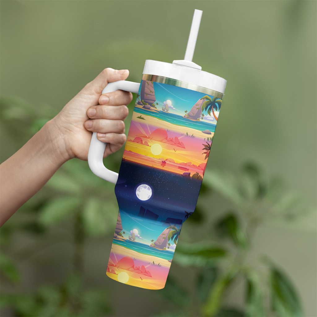Hawaii Beach Landscape Time-Lapse Tumbler With Handle Tropical Plumeria Flowers - Polynesian Pride
