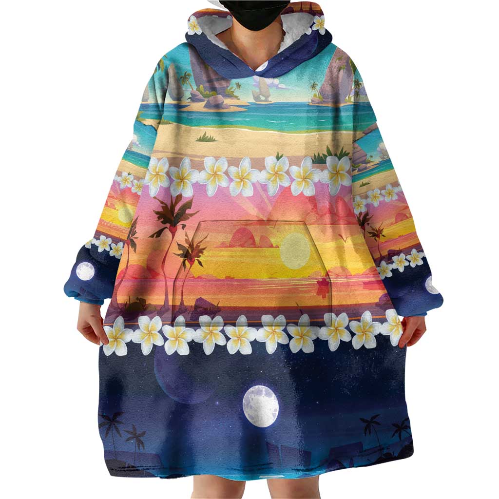 Hawaii Beach Landscape Time-Lapse Wearable Blanket Hoodie Tropical Plumeria Flowers - Polynesian Pride