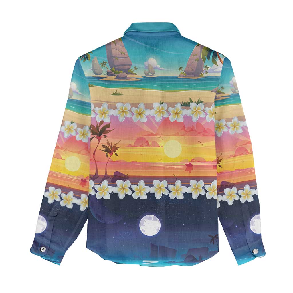 Hawaii Beach Landscape Time-Lapse Women Casual Shirt Tropical Plumeria Flowers - Polynesian Pride