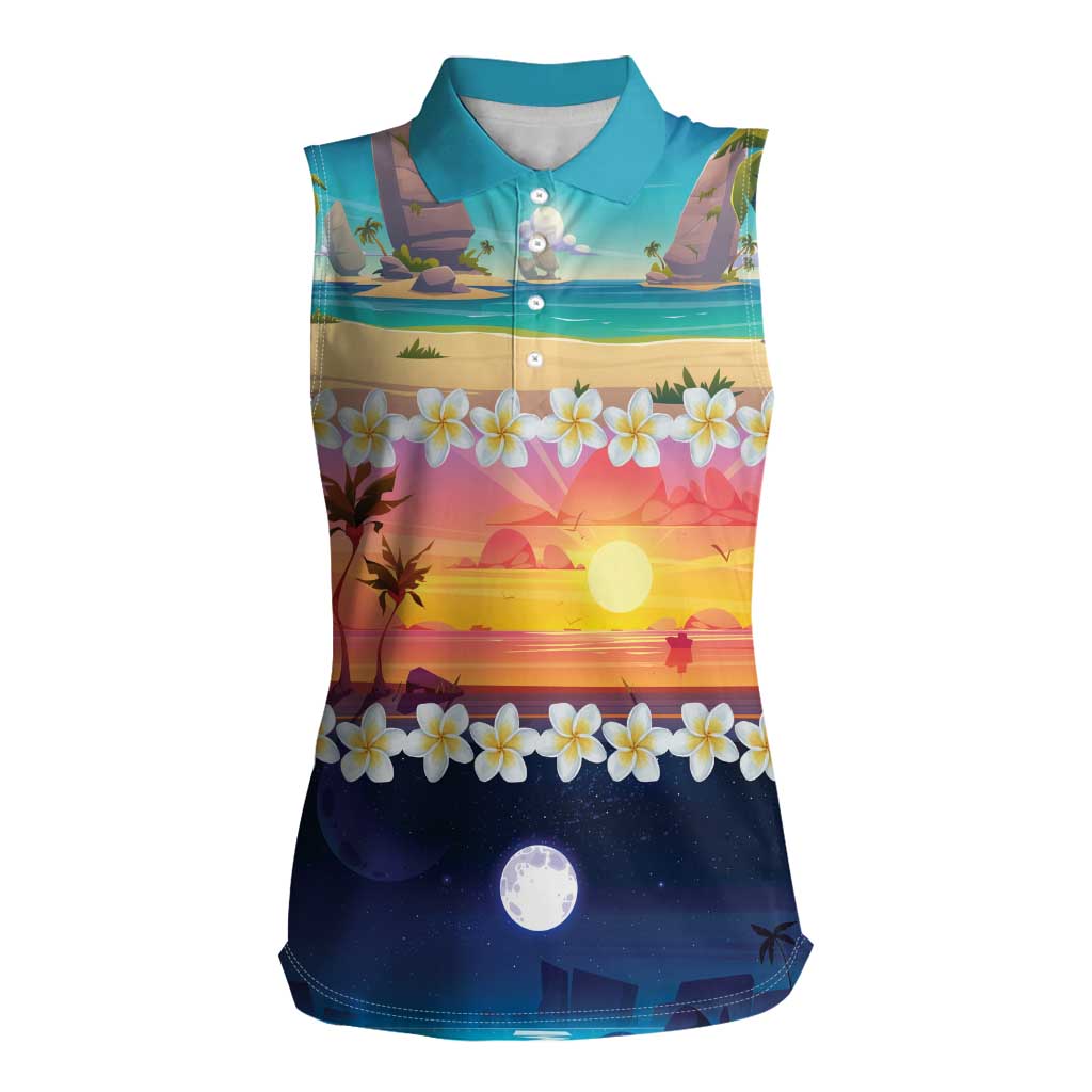 Hawaii Beach Landscape Time-Lapse Women Sleeveless Polo Shirt Tropical Plumeria Flowers - Polynesian Pride
