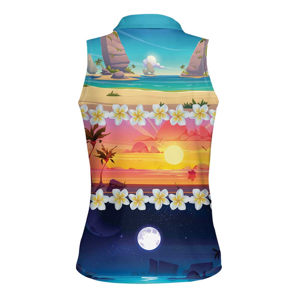 Hawaii Beach Landscape Time-Lapse Women Sleeveless Polo Shirt Tropical Plumeria Flowers - Polynesian Pride