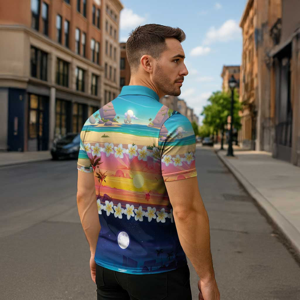 Hawaii Beach Landscape Time-Lapse Zipper Polo Shirt Tropical Plumeria Flowers - Polynesian Pride