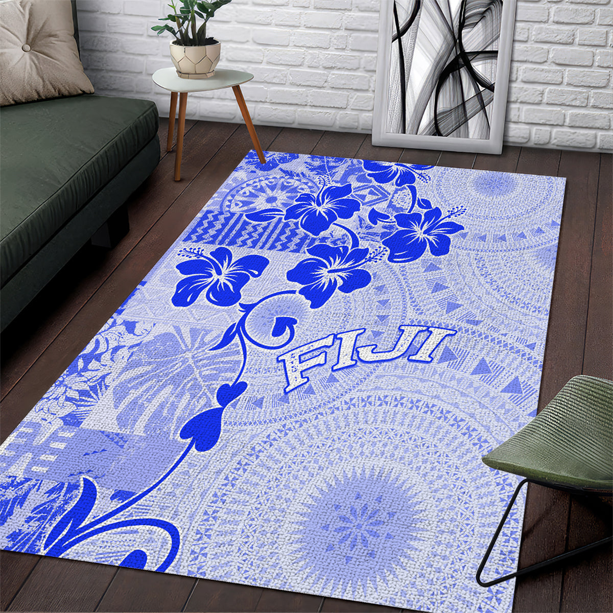 Fiji Masi With Hibiscus Tapa Tribal Area Rug Blue Pastel LT01 Blue - Polynesian Pride
