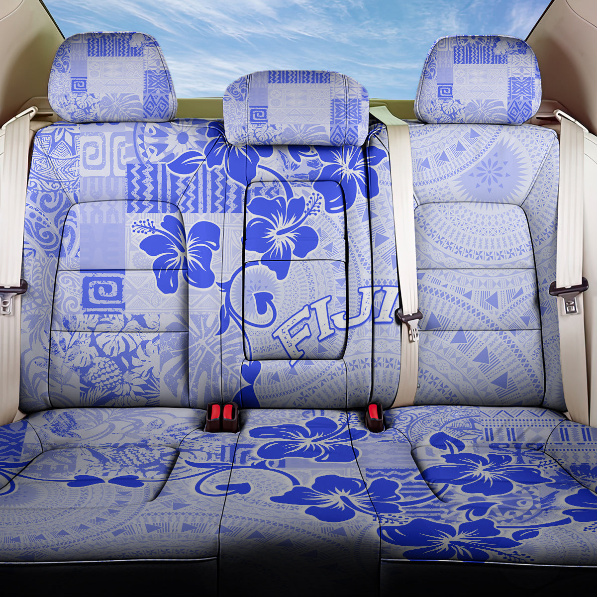 Fiji Masi With Hibiscus Tapa Tribal Back Car Seat Cover Blue Pastel LT01 One Size Blue - Polynesian Pride