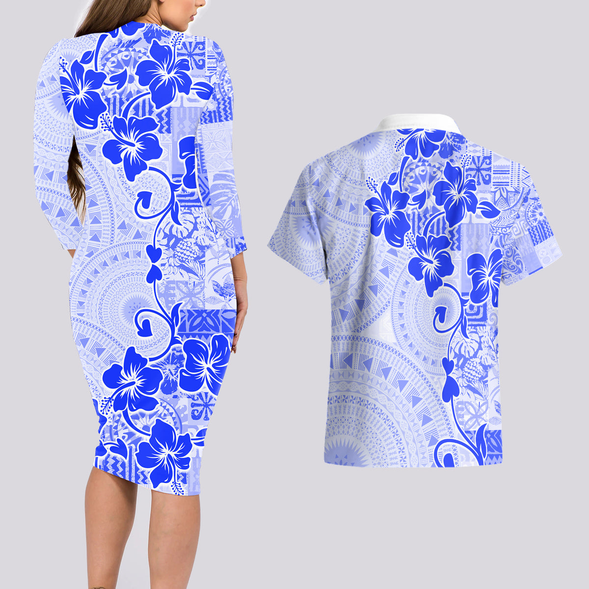 Fiji Masi With Hibiscus Tapa Tribal Couples Matching Long Sleeve Bodycon Dress and Hawaiian Shirt Blue Pastel LT01 - Polynesian Pride