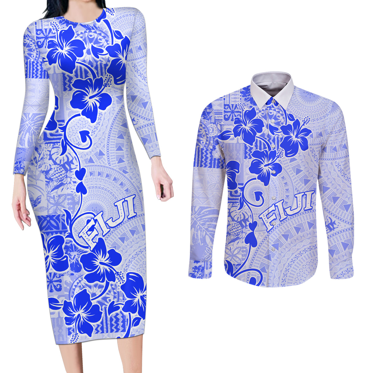 Fiji Masi With Hibiscus Tapa Tribal Couples Matching Long Sleeve Bodycon Dress and Long Sleeve Button Shirt Blue Pastel LT01 Blue - Polynesian Pride