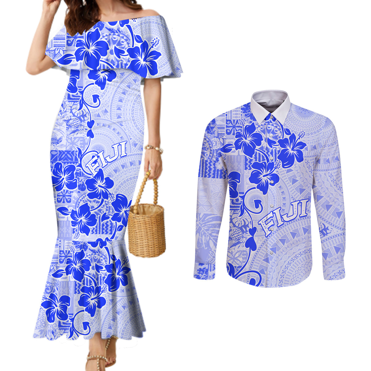 Fiji Masi With Hibiscus Tapa Tribal Couples Matching Mermaid Dress and Long Sleeve Button Shirt Blue Pastel LT01 Blue - Polynesian Pride