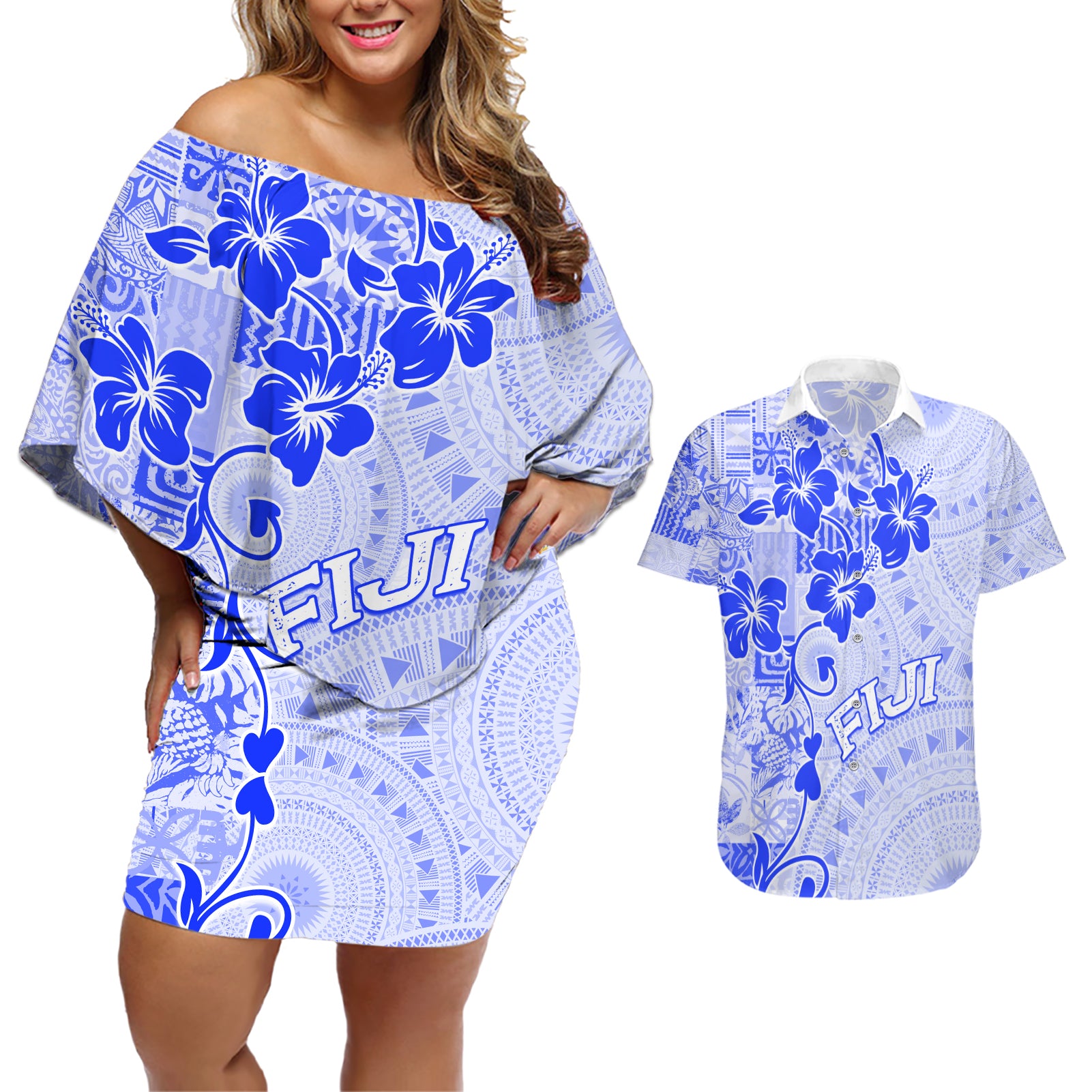 Fiji Masi With Hibiscus Tapa Tribal Couples Matching Off Shoulder Short Dress and Hawaiian Shirt Blue Pastel LT01 Blue - Polynesian Pride