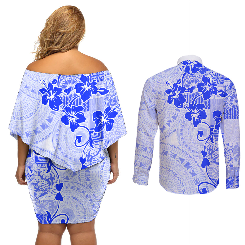 Fiji Masi With Hibiscus Tapa Tribal Couples Matching Off Shoulder Short Dress and Long Sleeve Button Shirt Blue Pastel LT01 - Polynesian Pride