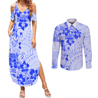 Fiji Masi With Hibiscus Tapa Tribal Couples Matching Summer Maxi Dress and Long Sleeve Button Shirt Blue Pastel LT01 Blue - Polynesian Pride