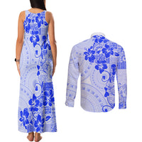 Fiji Masi With Hibiscus Tapa Tribal Couples Matching Tank Maxi Dress and Long Sleeve Button Shirt Blue Pastel LT01 - Polynesian Pride