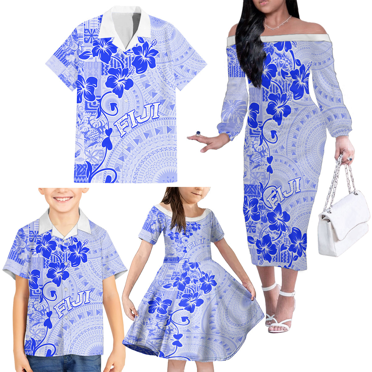 Fiji Masi With Hibiscus Tapa Tribal Family Matching Off Shoulder Long Sleeve Dress and Hawaiian Shirt Blue Pastel LT01 - Polynesian Pride