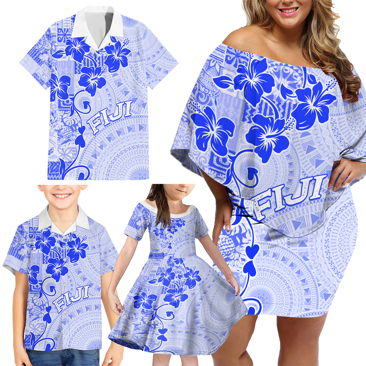 Fiji Masi With Hibiscus Tapa Tribal Family Matching Off Shoulder Short Dress and Hawaiian Shirt Blue Pastel LT01 - Polynesian Pride