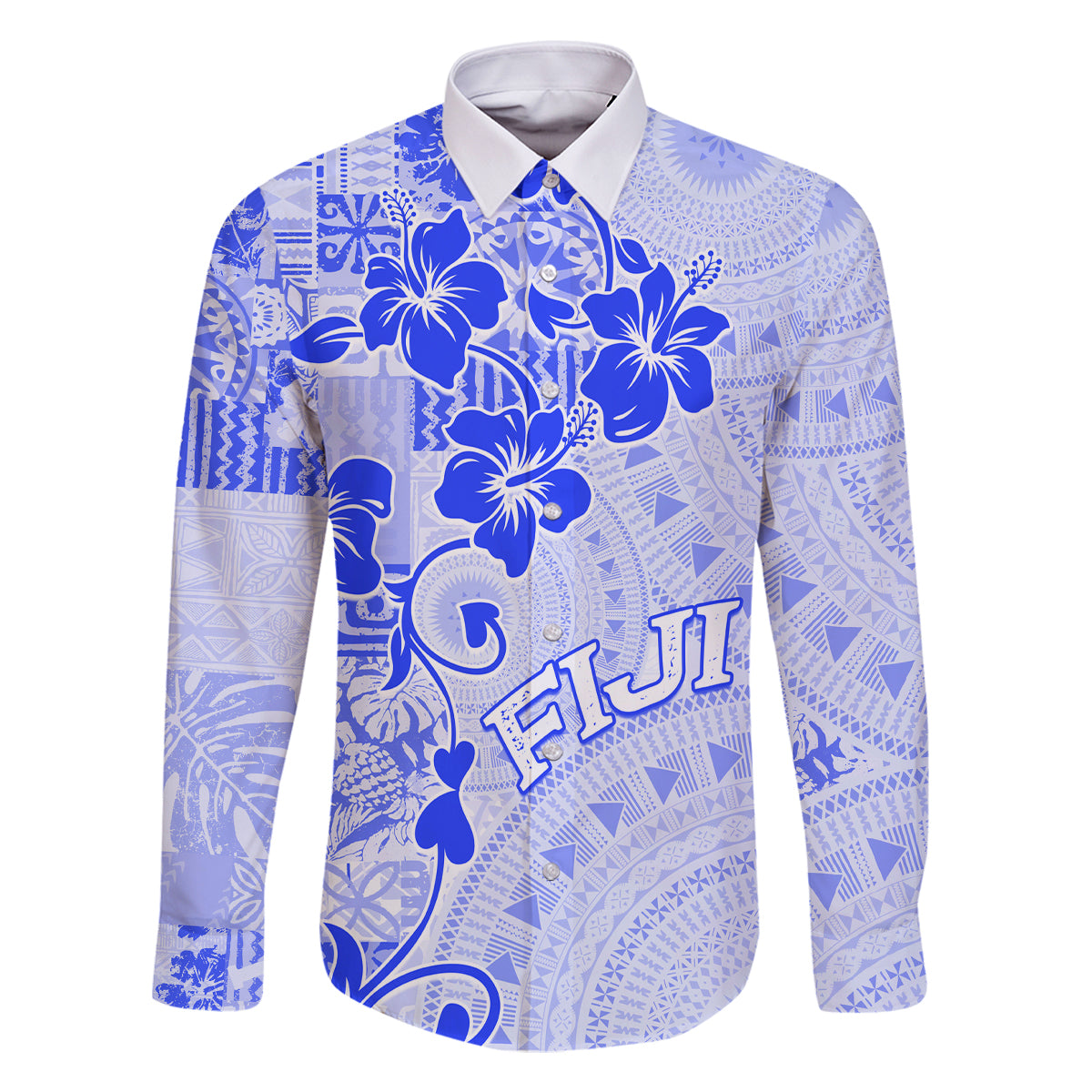 Fiji Masi With Hibiscus Tapa Tribal Family Matching Off Shoulder Short Dress and Hawaiian Shirt Blue Pastel LT01 Dad's Shirt - Long Sleeve Blue - Polynesian Pride