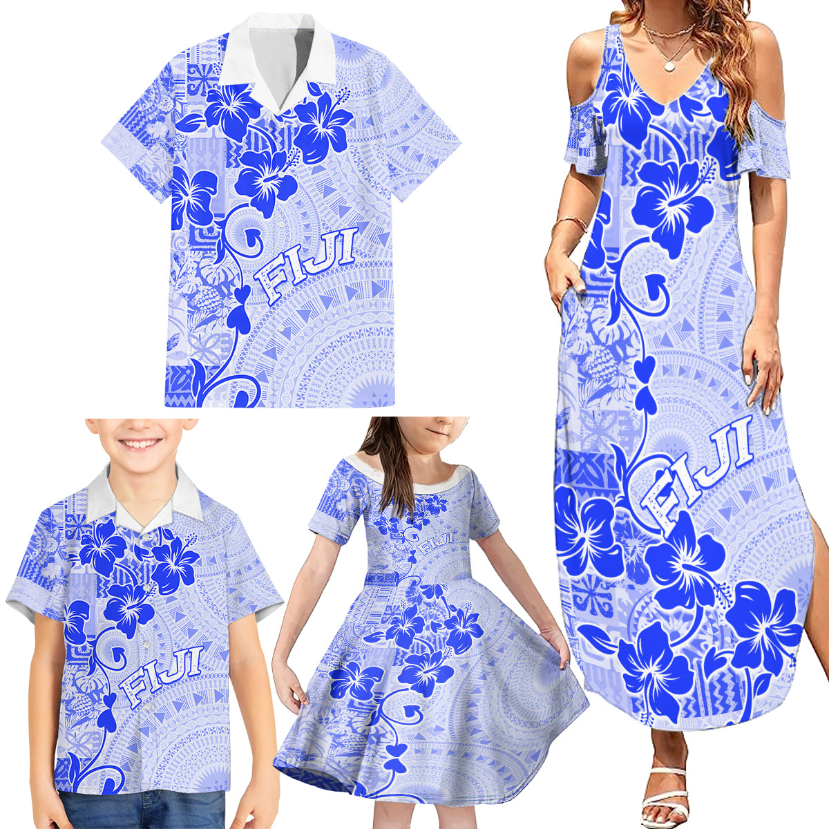 Fiji Masi With Hibiscus Tapa Tribal Family Matching Summer Maxi Dress and Hawaiian Shirt Blue Pastel LT01 - Polynesian Pride