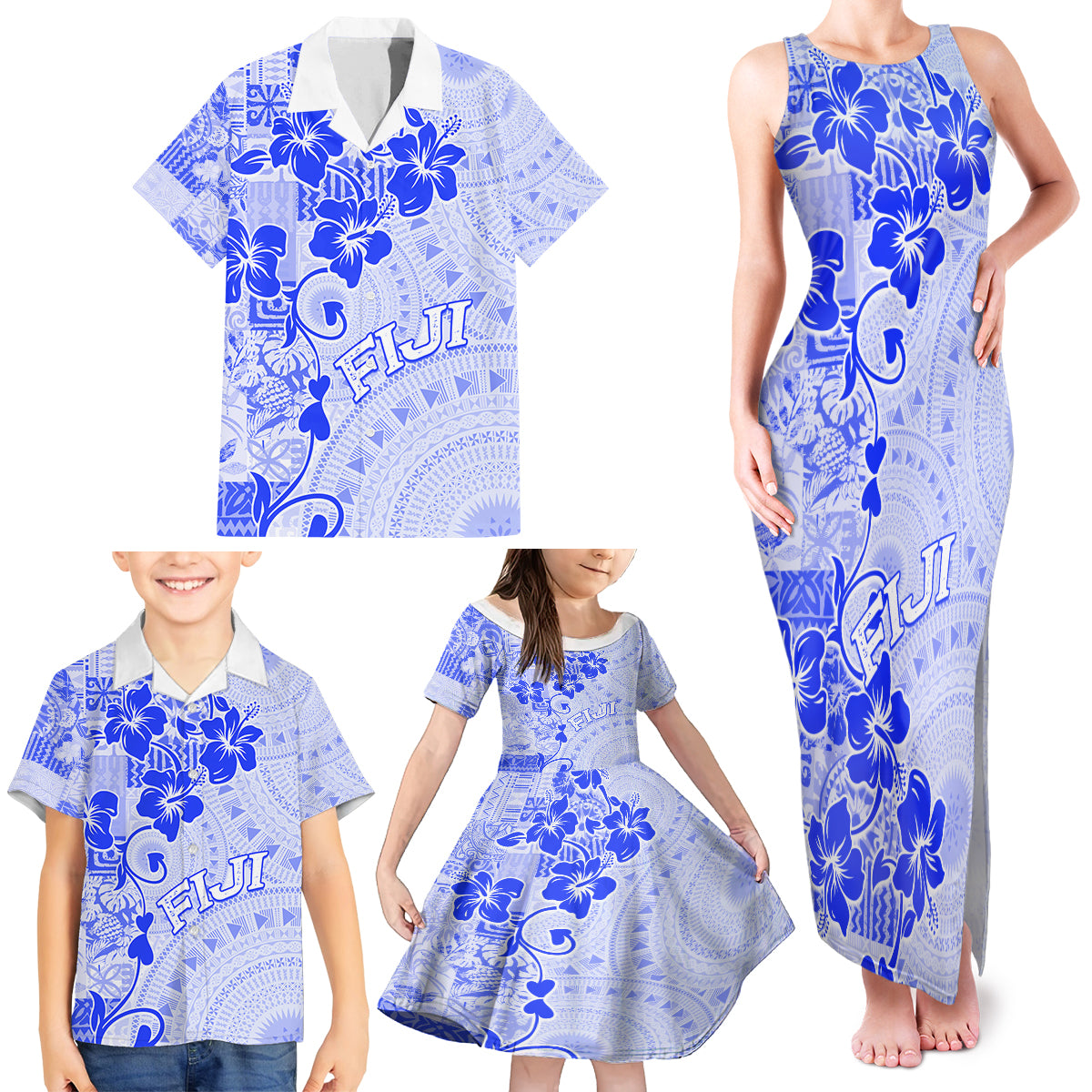 Fiji Masi With Hibiscus Tapa Tribal Family Matching Tank Maxi Dress and Hawaiian Shirt Blue Pastel LT01 - Polynesian Pride