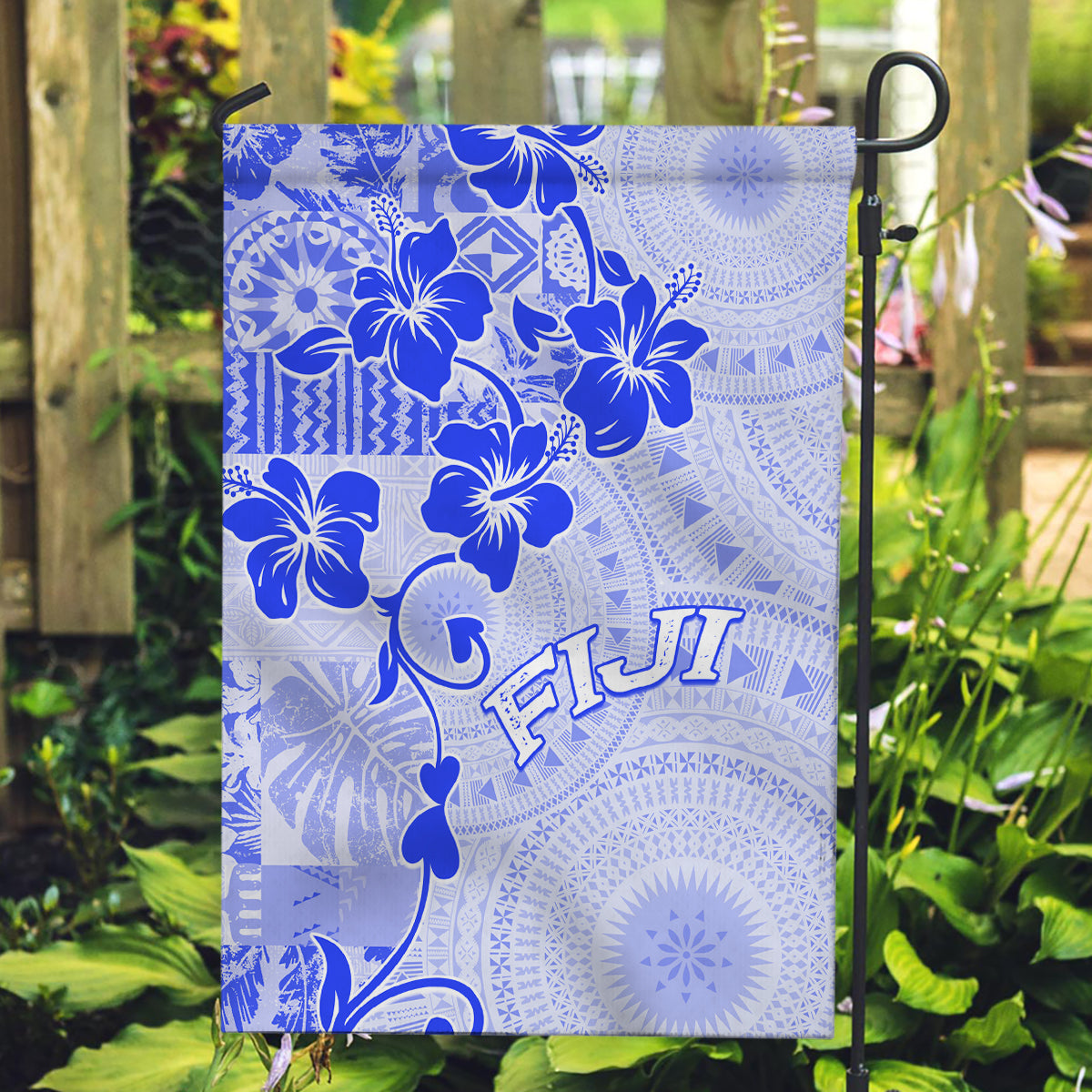 Fiji Masi With Hibiscus Tapa Tribal Garden Flag Blue Pastel LT01 Garden Flag Blue - Polynesian Pride