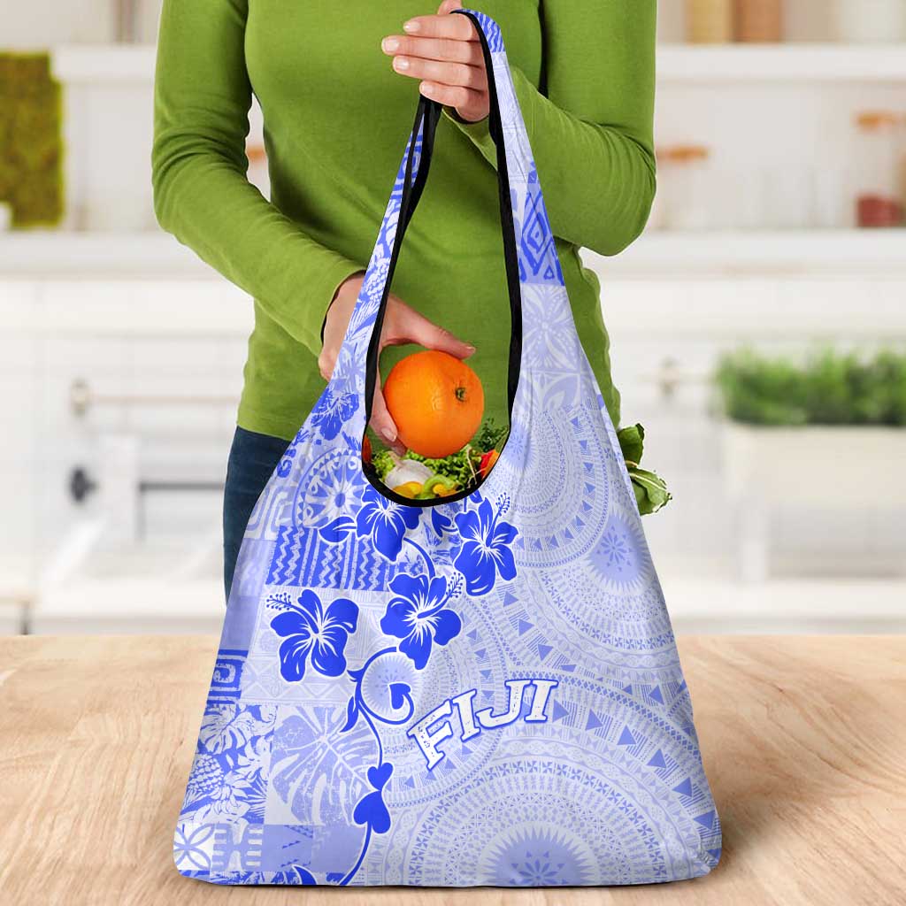 Fiji Masi With Hibiscus Tapa Tribal Grocery Bag Blue Pastel