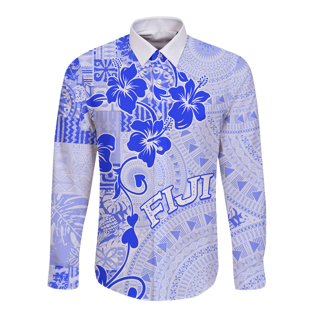 Fiji Masi With Hibiscus Tapa Tribal Long Sleeve Button Shirt Blue Pastel LT01 Unisex Blue - Polynesian Pride
