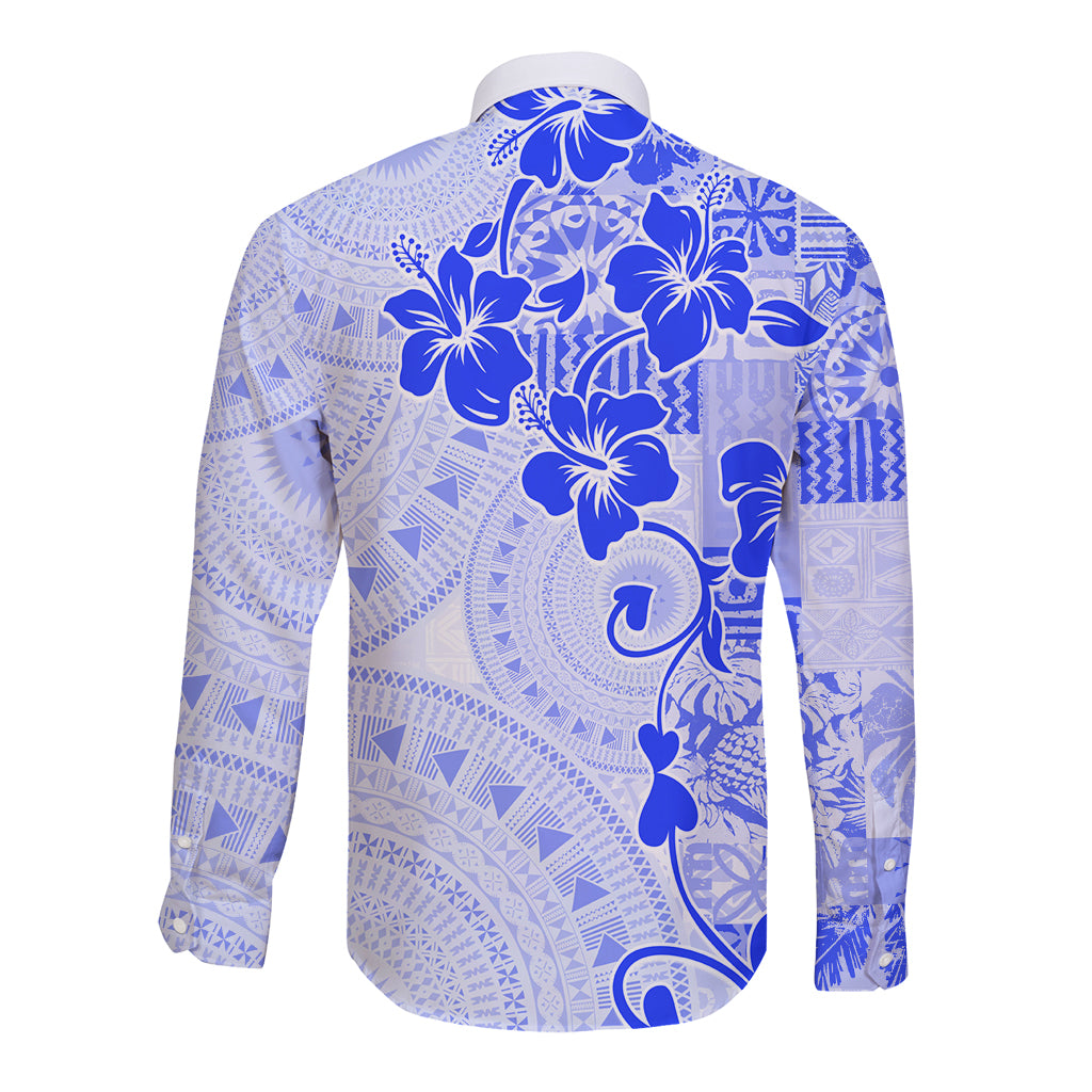 Fiji Masi With Hibiscus Tapa Tribal Long Sleeve Button Shirt Blue Pastel LT01 - Polynesian Pride
