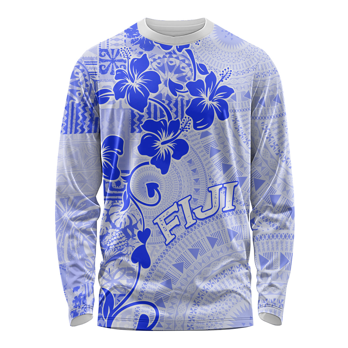 Fiji Masi With Hibiscus Tapa Tribal Long Sleeve Shirt Blue Pastel LT01 Unisex Blue - Polynesian Pride