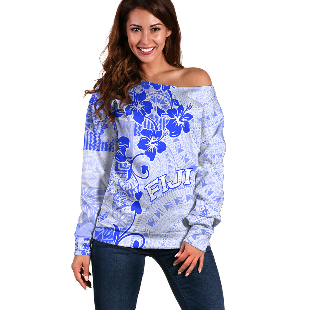 Fiji Masi With Hibiscus Tapa Tribal Off Shoulder Sweater Blue Pastel LT01 Women Blue - Polynesian Pride