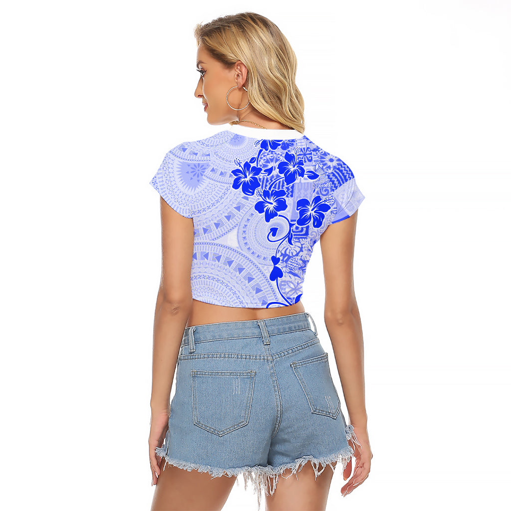 Fiji Masi With Hibiscus Tapa Tribal Raglan Cropped T Shirt Blue Pastel LT01 - Polynesian Pride