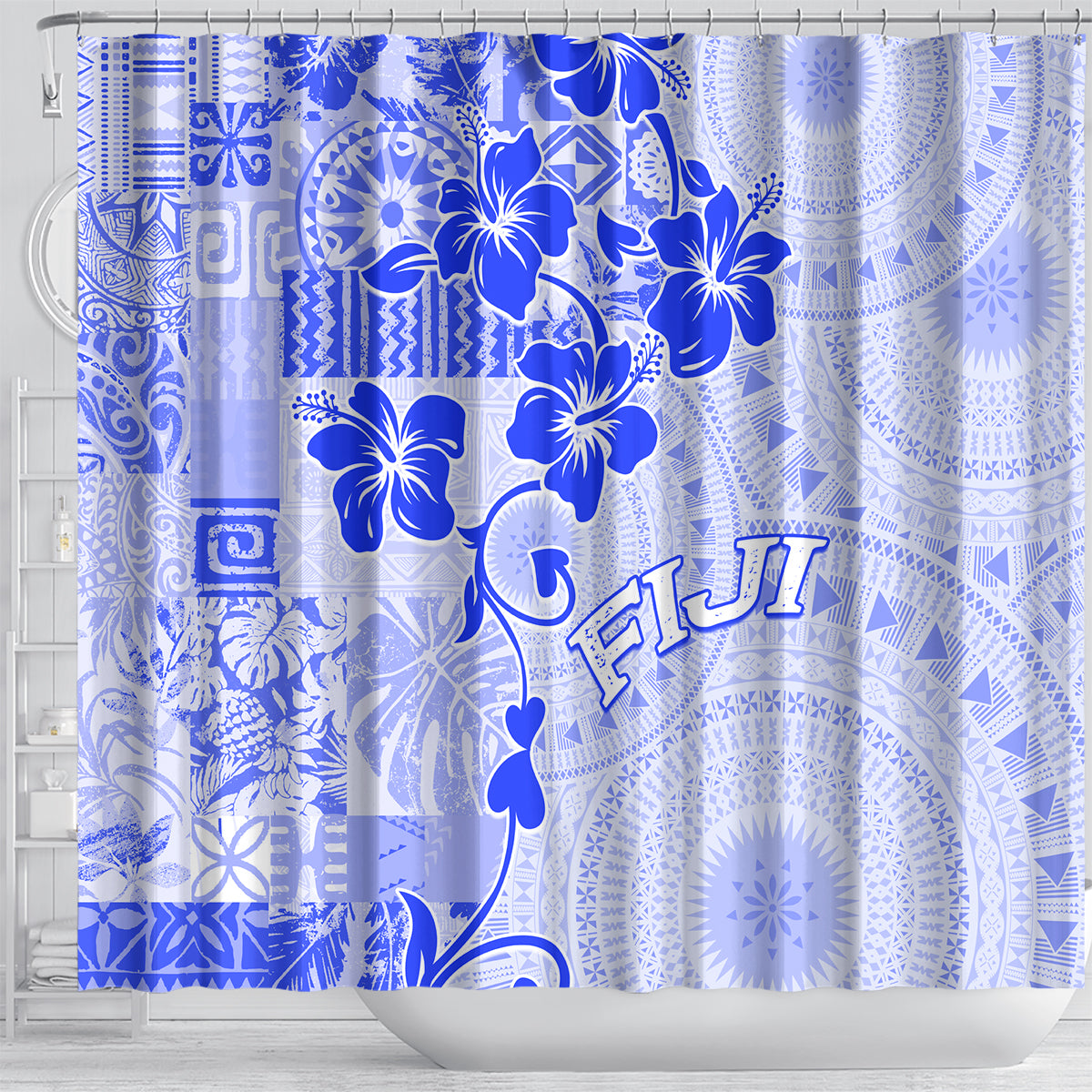 Fiji Masi With Hibiscus Tapa Tribal Shower Curtain Blue Pastel LT01 - Polynesian Pride