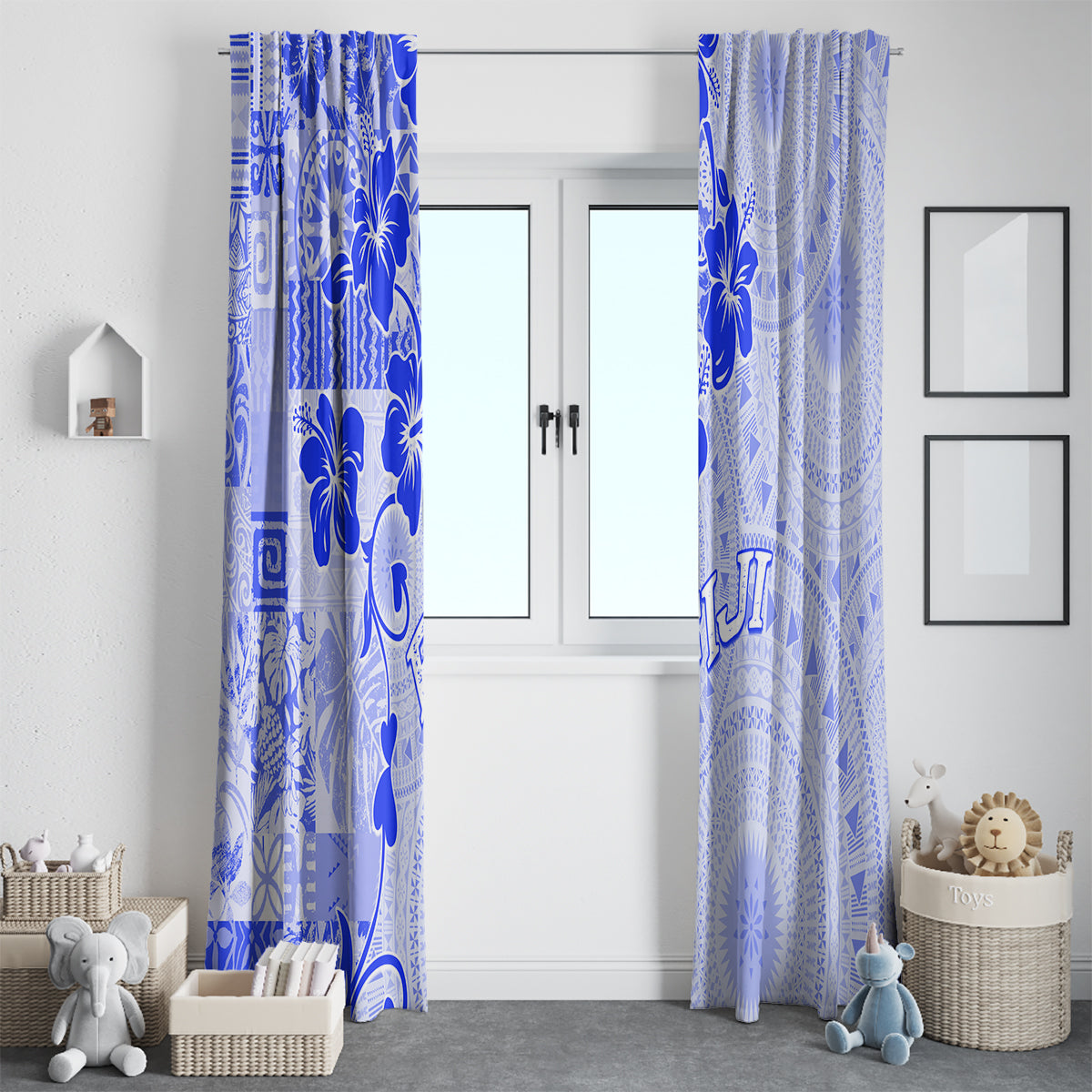 Fiji Masi With Hibiscus Tapa Tribal Window Curtain Blue Pastel LT01 - Polynesian Pride