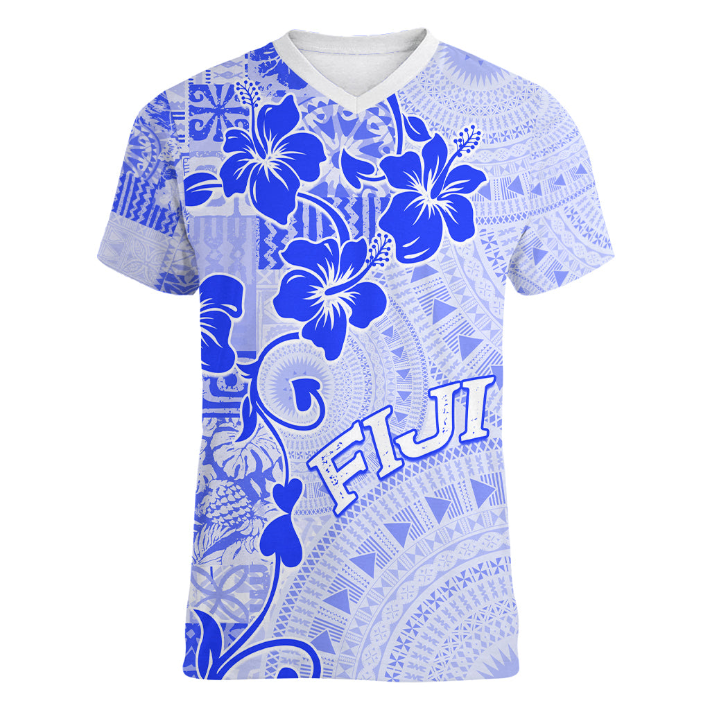 Fiji Masi With Hibiscus Tapa Tribal Women V Neck T Shirt Blue Pastel LT01 Female Blue - Polynesian Pride
