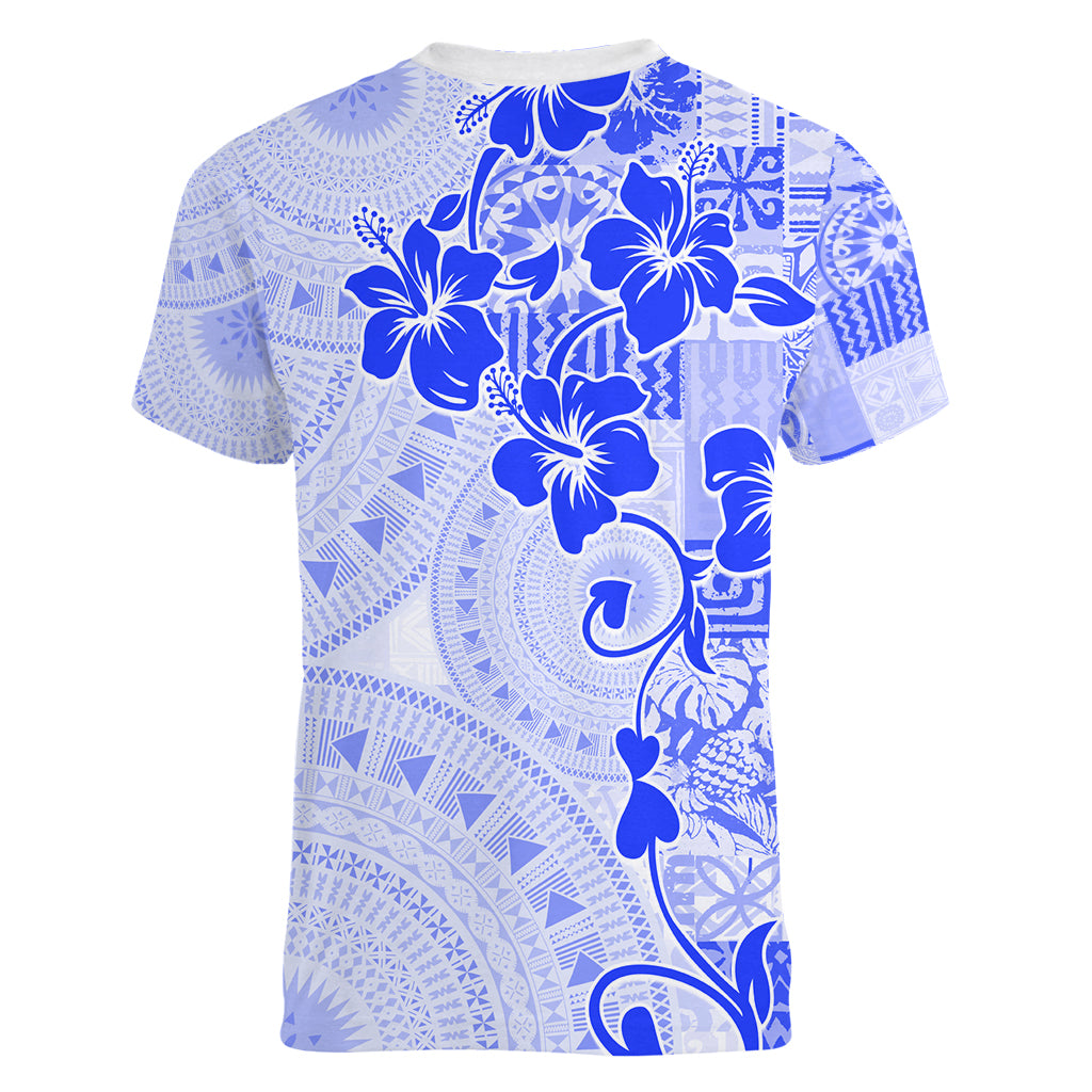 Fiji Masi With Hibiscus Tapa Tribal Women V Neck T Shirt Blue Pastel LT01 - Polynesian Pride