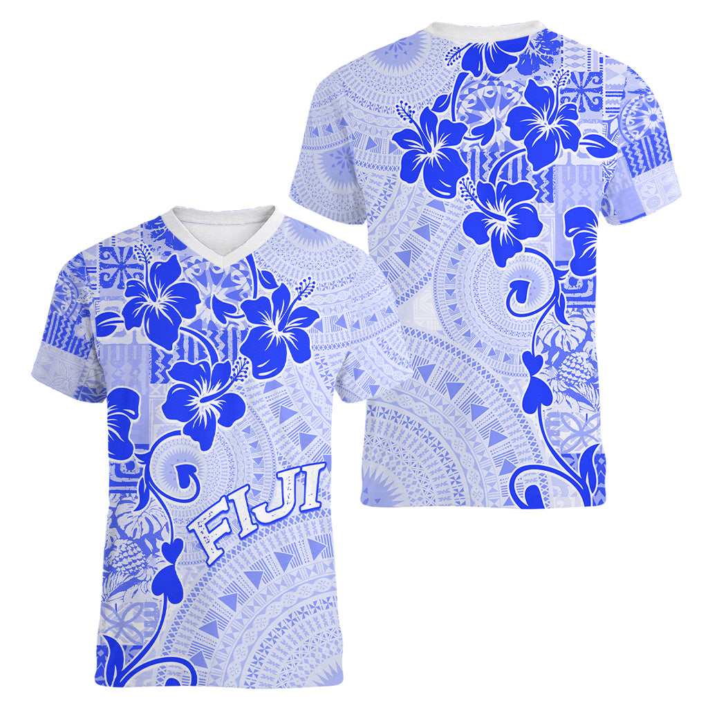 Fiji Masi With Hibiscus Tapa Tribal Women V Neck T Shirt Blue Pastel LT01 - Polynesian Pride