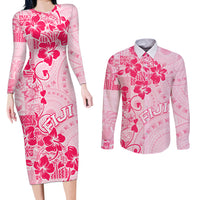 Fiji Masi With Hibiscus Tapa Tribal Couples Matching Long Sleeve Bodycon Dress and Long Sleeve Button Shirt Pink Pastel LT01 Pink - Polynesian Pride