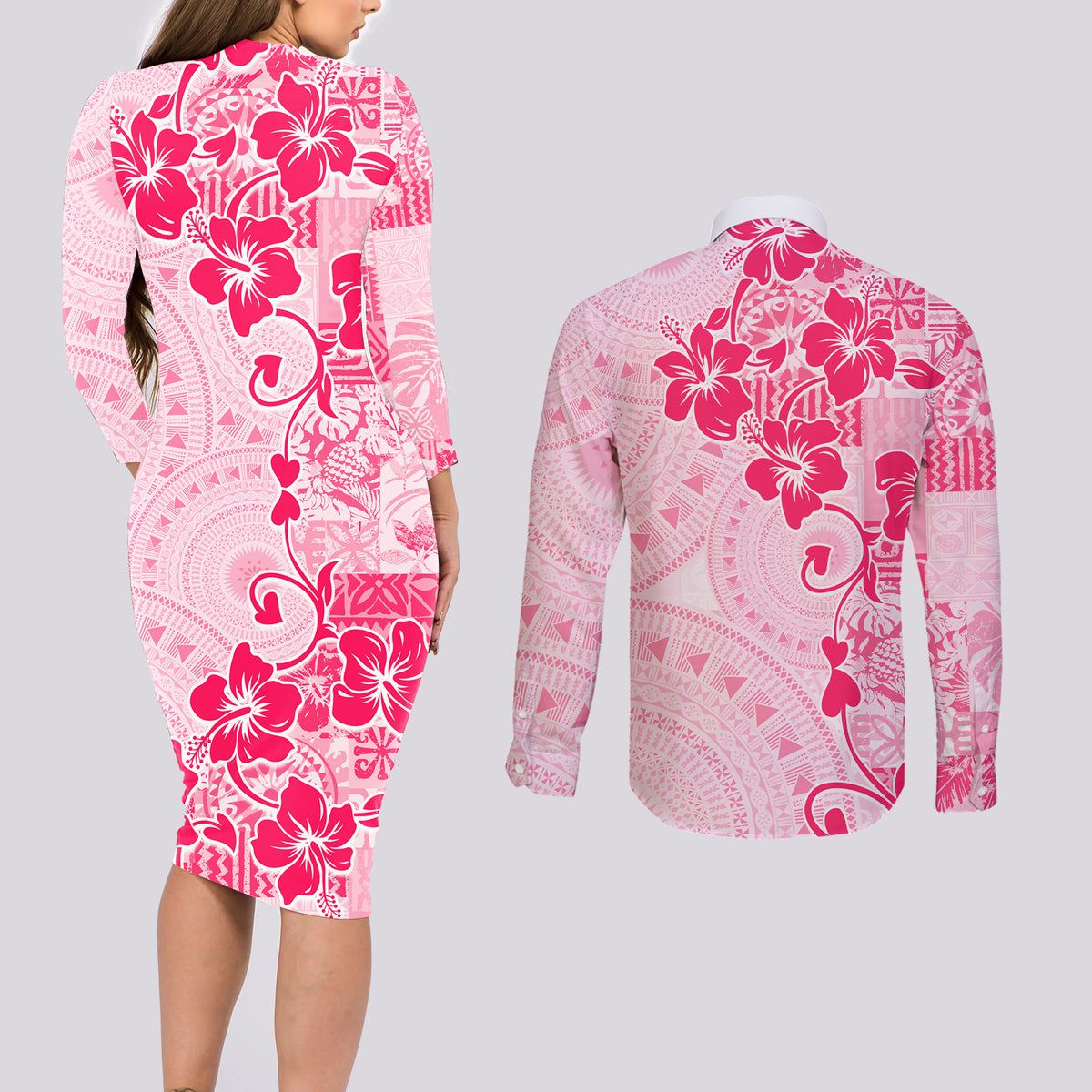 Fiji Masi With Hibiscus Tapa Tribal Couples Matching Long Sleeve Bodycon Dress and Long Sleeve Button Shirt Pink Pastel LT01 - Polynesian Pride
