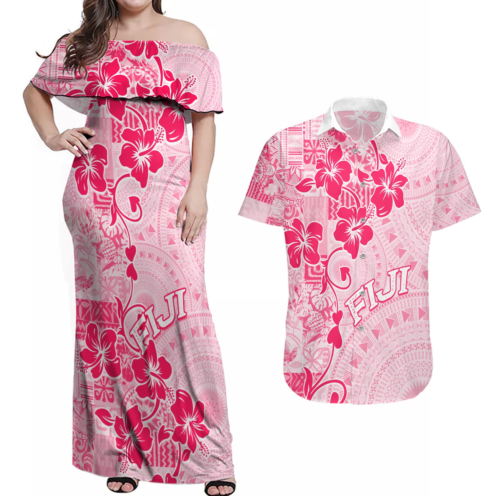 Fiji Masi With Hibiscus Tapa Tribal Couples Matching Off Shoulder Maxi Dress and Hawaiian Shirt Pink Pastel LT01 Pink - Polynesian Pride