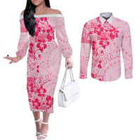 Fiji Masi With Hibiscus Tapa Tribal Couples Matching Off The Shoulder Long Sleeve Dress and Long Sleeve Button Shirt Pink Pastel LT01 Pink - Polynesian Pride