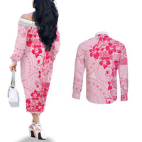 Fiji Masi With Hibiscus Tapa Tribal Couples Matching Off The Shoulder Long Sleeve Dress and Long Sleeve Button Shirt Pink Pastel LT01 - Polynesian Pride